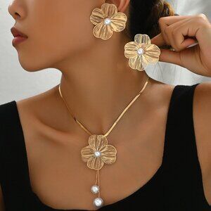 🌸 Gold Copper Flower Jewelry Set | Pearl 2pc 🌸